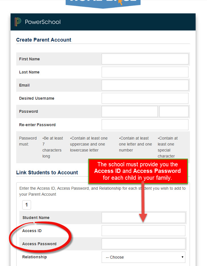 Parent Portal image showing where to enter access information