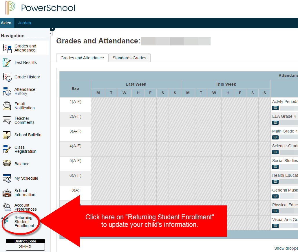 Parent Portal page depicting the Returning Student Enrollment menu