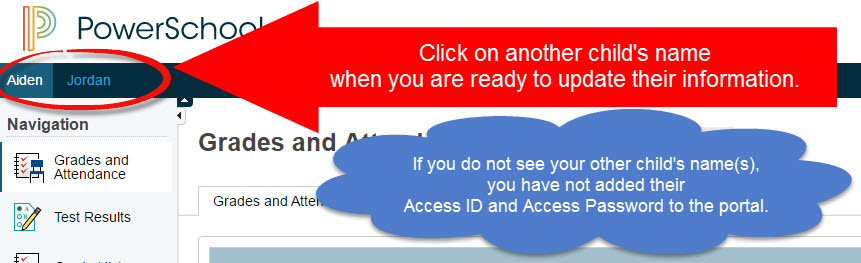 Location of child's name in the upper left corner of screen